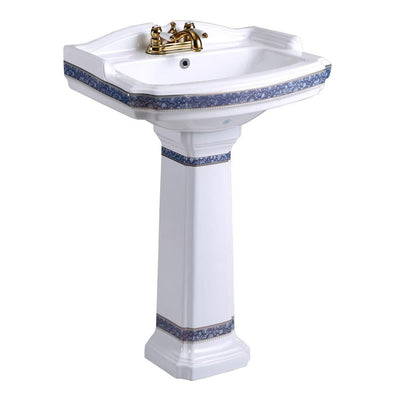 India Reserve 22-7/8 in. Pedestal Combo Bathroom Sink in White Vessel Sink Basin with Blue and Gold Design Overflow - Super Arbor