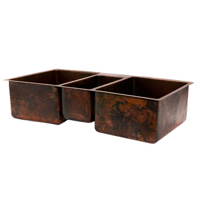 Under Counter/Surface-Mount Hammered Copper 42 in. 0-Hole Triple Bowl Kitchen Sink in Oil Rubbed Bronze - Super Arbor