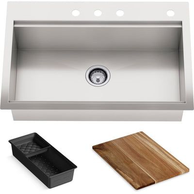 Lyric Dual Mount Workstation Stainless Steel 33 in 4-Hole Single Bowl Kitchen Sink with Integrated Ledge and Accessories - Super Arbor