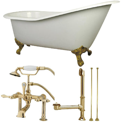 Slipper 62 in. Cast Iron Clawfoot Bathtub in White with Faucet Combo in Polished Brass - Super Arbor
