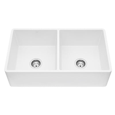 Matte Stone White Composite 33 in. Double Bowl Reversible Flat Farmhouse Apron-Front Kitchen Sink with 2 Strainers - Super Arbor