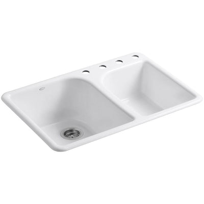 Executive Chef Drop-In Cast Iron 33 in. 4-Hole Double Bowl Kitchen Sink in White - Super Arbor