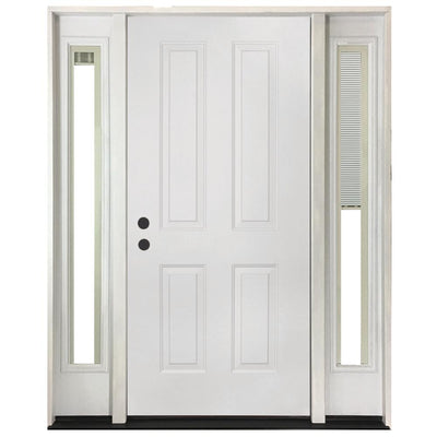 64 in. x 80 in. 4-Panel Primed White Right-Hand Steel Prehung Front Door with 12 in. Mini Blind Sidelites 4 in. Wall - Super Arbor