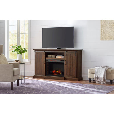 Chastain 68 in. Freestanding Media Console Electric Fireplace TV Stand with Sliding Bar Door in Rustic Walnut - Super Arbor