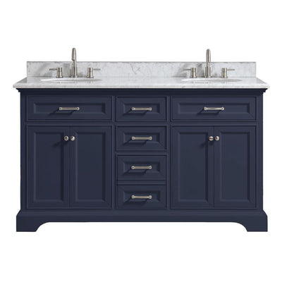 Windlowe 61 in. W x 22 in. D x 35 in. H Bath Vanity in Navy Blue with Carrara Marble Vanity Top in White with White Sink - Super Arbor