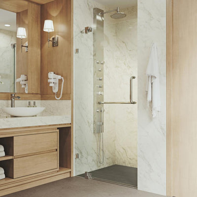Pirouette 36 to 42 in. x 72 in. Frameless Pivot Shower Door in Brushed Nickel with Clear Glass and Handle - Super Arbor
