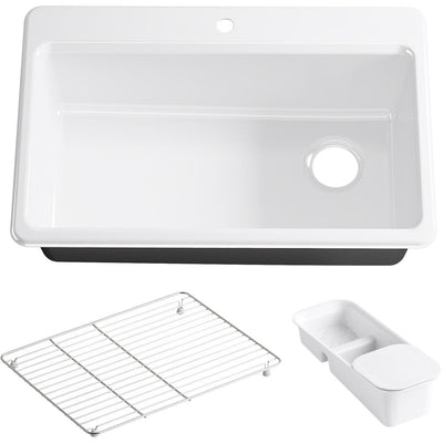 Riverby Workstation Drop-In Cast Iron 33 in. 1-Hole Single Basin Kitchen Sink Kit with Accessories in White - Super Arbor