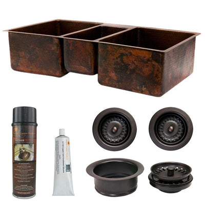 Undermount Hammered Copper 42 in. 0-Hole Triple Bowl Kitchen Sink and Drain in Oil Rubbed Bronze - Super Arbor