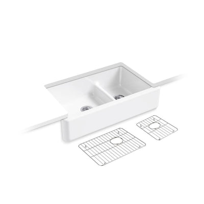 Whitehaven SmartDivide Undermount Farmhouse Tall Apron Front 36 in. Double Bowl Kitchen Sink White with Basin Racks - Super Arbor