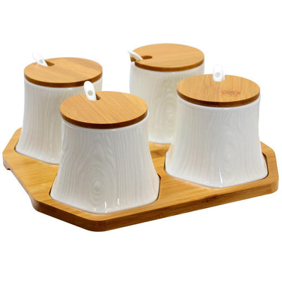 Ceramic Condiment Jars with Bamboo Lids and Serving Spoons - Super Arbor