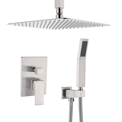 Shower System Ceiling Mounted with 12 in. Square Rainfall Shower head and Handheld Shower Head Set, Brushed Nickel - Super Arbor
