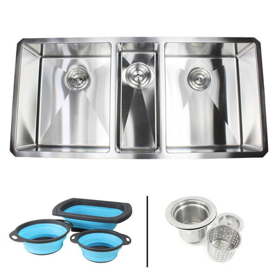 Undermount 16-Gauge Stainless Steel 42 in. x 20 in x 10 in. Triple Bowl Kitchen Sink with Collapsible Silicone Colanders - Super Arbor