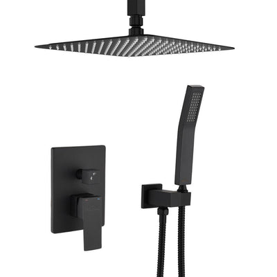 Shower System Ceiling Mounted with 12 in. Square Rainfall Shower head and Handheld Shower Head Set, Matte Black - Super Arbor