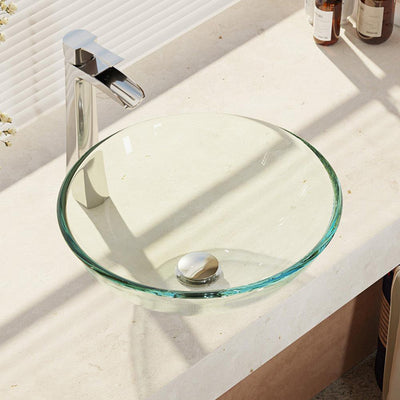 Glass Vessel Sink in Crystal with R9-7007 Faucet and Pop-Up Drain in Chrome - Super Arbor