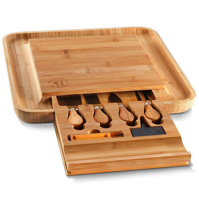 Bamboo Cheese Board and Cutlery Set with Slide Out Drawer - Super Arbor