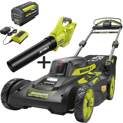 RYOBI 20 in. 40-Volt Brushless Lithium-Ion Cordless Self-Propelled Walk Behind Lawn Mower & Blower w/6.0 Ah Battery & Charger - Super Arbor