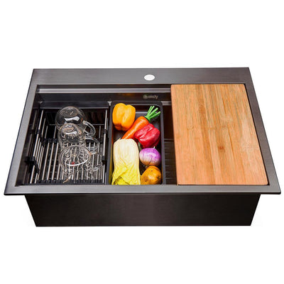 Matte Black Finish Stainless Steel 25 in. x 22 in. Single Bowl Drop-in Kitchen Sink with Workstation - Super Arbor