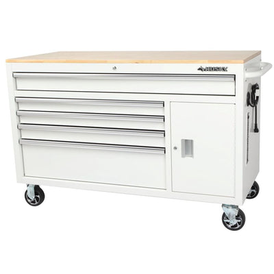 56 in. W 5-Drawer 1-Door, Deep Tool Chest Mobile Workbench in Gloss White with Hardwood Top