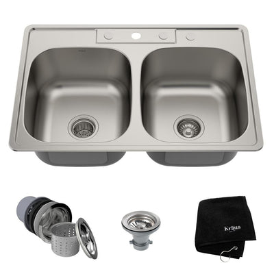Drop-In Stainless Steel 33 in. 4-Hole Double Bowl Kitchen Sink Kit - Super Arbor