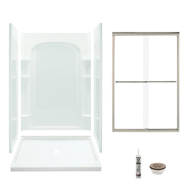Ensemble 34 in. x 48 in. x 75.75 in. Center Drain and Backers Alcove Shower Kit in White and Brushed Nickel - Super Arbor