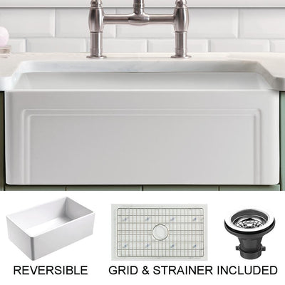 Olde London Farmhouse Fireclay 33 in. Single Bowl Kitchen Sink with Grid with Grid and Strainer - Super Arbor