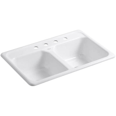 Delafield Drop-In Cast Iron 33 in. 4-Hole Double Bowl Kitchen Sink in White - Super Arbor