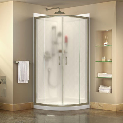 Prime 36 in. x 76-3/4 in. Semi-Frameless Corner Sliding Shower Enclosure in Brushed Nickel with Base and Backwall - Super Arbor