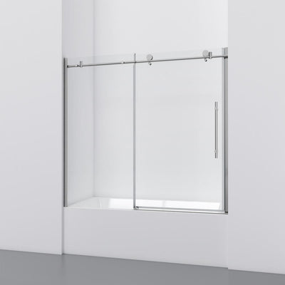 60 in. W x 59 in. H Sliding Frameless Bathtub Door in Stainless Steel with Clear Glass and Handle - Super Arbor