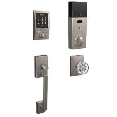 Century Satin Nickel Connect Z-Wave Plus Touchscreen Deadbolt and Century Handleset and Hobson Knob with Century Trim - Super Arbor