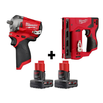 M12 FUEL 12-Volt Lithium-Ion Brushless Cordless Stubby 3/8 in. Impact Wrench and Crown Stapler with two 3.0 Ah Batteries - Super Arbor
