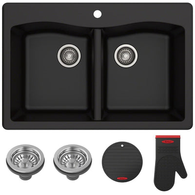 Forteza All-in-One Drop-In/Undermount Granite Composite 33 in. 1-Hole 50/50 Double Bowl Kitchen Sink in Black - Super Arbor