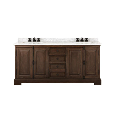 Clinton 72 in. W Double Vanity in Antique Coffee with Natural Marble Vanity Top in White with White Sink - Super Arbor