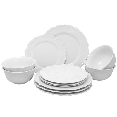 Scallop Buffet 12-Piece Casual White Ceramic Dinnerware Set (Service for 4) - Super Arbor