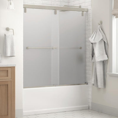 Lyndall 60 x 59-1/4 in. Frameless Mod Soft-Close Sliding Bathtub Door in Nickel with 1/4 in. (6mm) Niebla Glass - Super Arbor