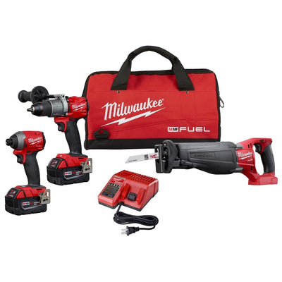 M18 FUEL 18-Volt Lithium-Ion Brushless Cordless Combo Kit (3-Tool) w/(2) 5Ah Batteries, Charger & Tool Bag - Super Arbor