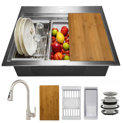 All-in-One Stainless Steel 25 in. x 22 in. Single Bowl Drop-in Kitchen Sink with Pull-Down Faucet and   Workstation - Super Arbor