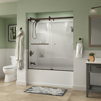 Simplicity 60 x 58-3/4 in. Frameless Contemporary Sliding Bathtub Door in Bronze with Droplet Glass - Super Arbor