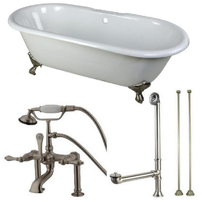 Classic Double Ended 66 in. Cast Iron Clawfoot Bathtub in White and Faucet Combo in Brushed Nickel - Super Arbor