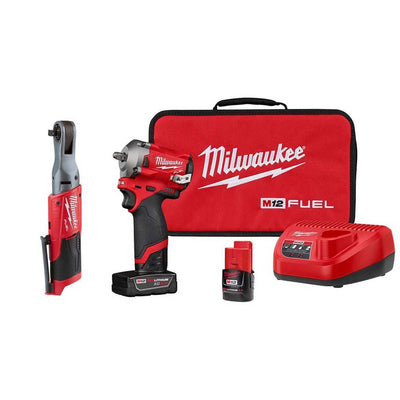 M12 FUEL 12-Volt Lithium-Ion Brushless Cordless Stubby 3/8 in. Impact Wrench & Ratchet Combo Kit (2-Tool) - Super Arbor
