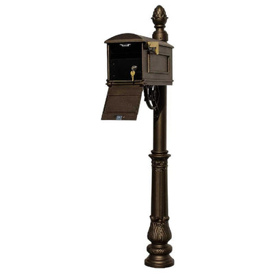 Lewiston Bronze Post Mount Locking Insert Mailbox with decorative Ornate Base and Pineapple Finial - Super Arbor