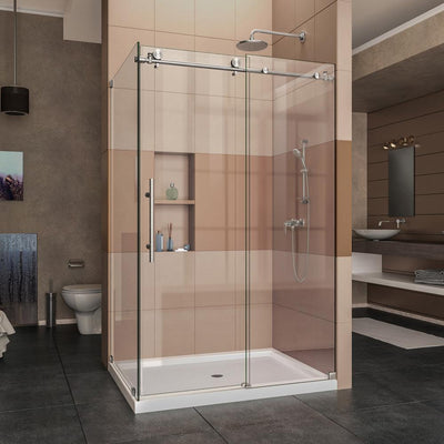 Enigma-X 34 1/2 in. D x 48-3/8 in. W x 76 in. H Frameless Sliding Corner Shower Enclosure in Brushed Stainless Steel - Super Arbor