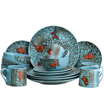 Butterfly Garden 16-Piece Contemporary Blue Stone Dinnerware Set (Service for 4) - Super Arbor