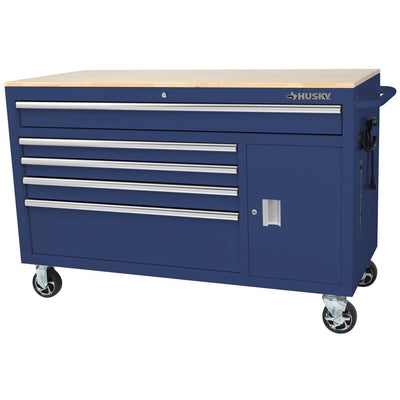56 in. W x 24.5 in. D Deep 5-Drawer 1-Door Gloss Blue Deep Tool Chest Mobile Workbench with Hardwood Top
