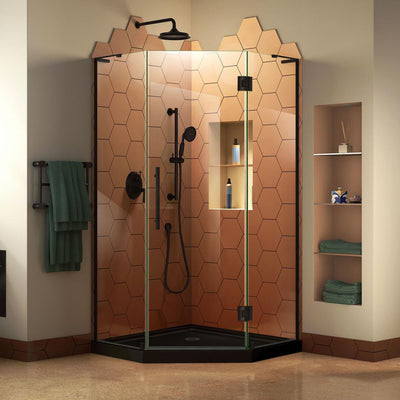 Prism Plus 36 in. x 36 in. x 74.75 in. Semi-Frameless Neo-Angle Hinged Shower Enclosure in Satin Black with Shower Base - Super Arbor