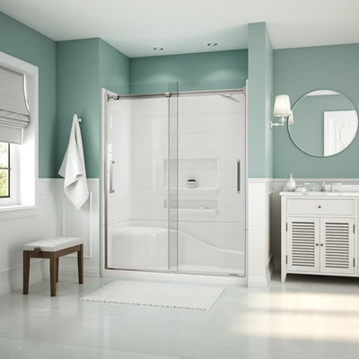 Coronado Acrylx 60 in. x 30 in. Single Threshold Right Drain Shower Kit in White with Bench with Door in Chrome - Super Arbor