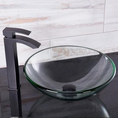 Glass Vessel Bathroom Sink in Clear Crystalline and Duris Vessel Faucet Set in Matte Black - Super Arbor