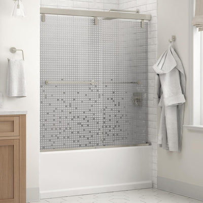 Everly 60 in. x 59-1/4 in. Mod Semi-Frameless Sliding Bathtub Door in Nickel and 1/4 in. (6mm) Mozaic Glass - Super Arbor