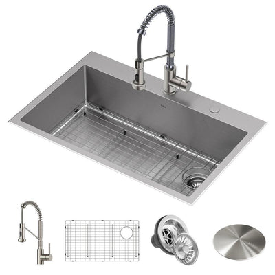 Loften All-in-One Dual Mount Stainless Steel 33in. Single Bowl Kitchen Sink with Pull Down Faucet in Chrome and Steel - Super Arbor