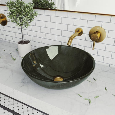 Onyx Glass Vessel Bathroom Sink in Gray with Olus Faucet in Matte Gold - Super Arbor