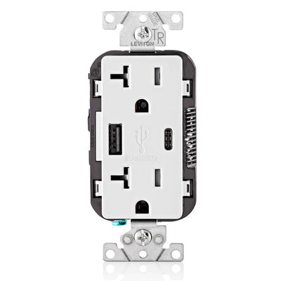 20 Amp Tamper Resistant Duplex Outlet with Type A and Type-C USB Chargers, White - Super Arbor